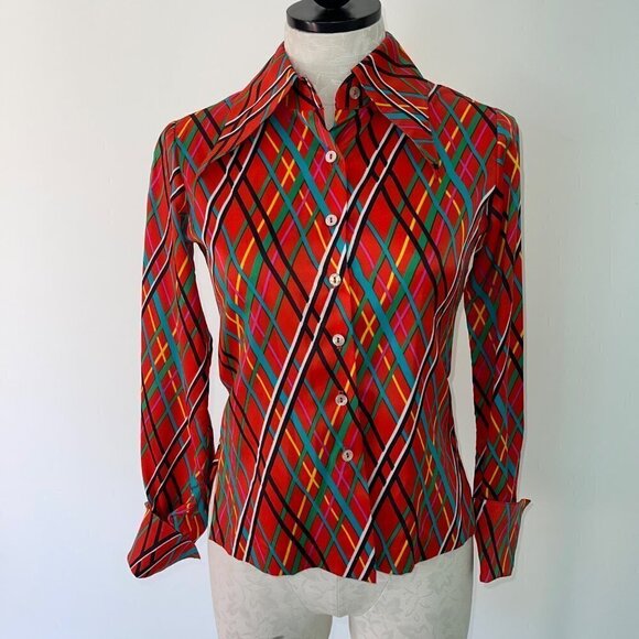 Youth Guild Vintage 70s Shirt Size 4 XS Red Fitted Statement Collar Union Label - Picture 8 of 12